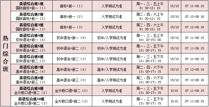 优朗国际英语2016年暑期课程表